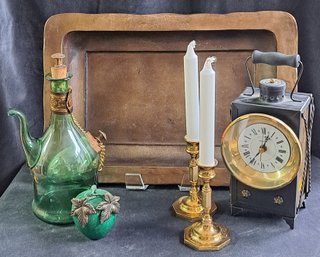 Large Pier 1 Tray, Brass Candlesticks, Vintage Green Glass Bottle, Green Marble Apple Paperweight & Clock