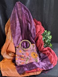 3 Gorgeous Silk Scarves And Crewel Embroidered Bag
