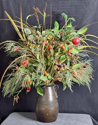 Amazing Faux Fruit And Flower Arrangement In Pottery Jug