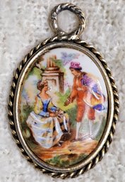 Vintage Limoges Porcelain Pendant Of 18th Century Courting Couple