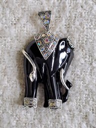Black Elephant Acrylic Pendant With Silvertone Accents And Faceted Crystals