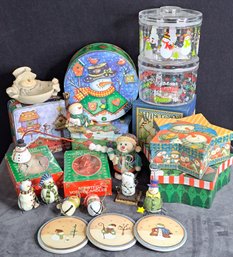 Snowman Themed Christmas Boxes, Tins, Ornaments, Bobble Head Picture Holders And More