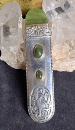 Stunning 830 Silver Celtic Dragon And Jade Kilt Or Sash Pin With Gold Accents