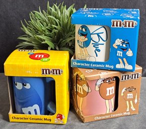 Trio Of New In Box M & M Mugs - Ms. Brown, And 2 Blue Mugs