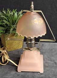 Vintage Art Deco Houze Glass Frosted Pink Lamp With Painted Flowers On Shade