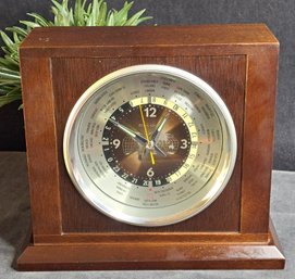 Bulova Quartz Executive World Time Desk Clock With Dark Stained Wood Case