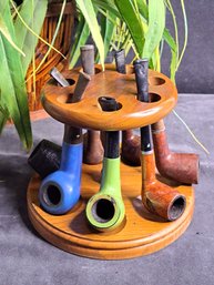Vintage Wood Pipe Rack And 7 Vintage Pipes