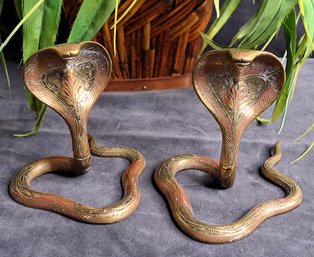 Pair Of Vintage Solid Brass Hand Painted Enameled Cobra Statues
