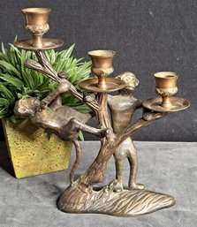 Vintage/ Antique Bronze Monkey Triple Candle Holder Circa 1920-1940