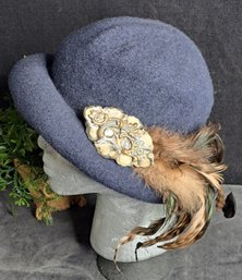 Stylish Navy Wool Hat Embellished With Enameled Pin And Feathers, Made In Canada By Parkhurst