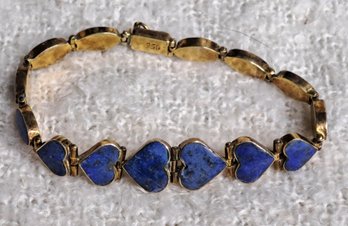 Vintage 950 Silver And Lapis Heart Bracelet With Gold Wash