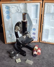 Vintage Tasco Deluxe 1200x Microscope In Wooden Case