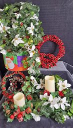 2 Christmas Boxes, Poinsettia And Holly Garland, 2 Berry Wreathes, 2 Battery Candles And Candle Wreathes