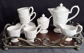 Fabulous Tea Set On Wood And Scrolled Metal Tray