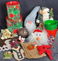 Collection Of Unique Christmas Decor And Containers, Even An Elf Door Stop