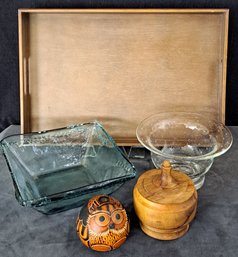 Wood Tray, Hazelwood Trinket Box, Peruvian Owl, Bubble Glass Bowl And Green Art Glass Bowl