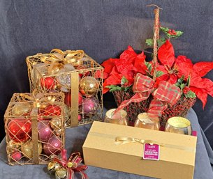 Red And Gold Christmas Decor: Gold Metal Boxes Filled With Ornaments, New In Box Candles And More