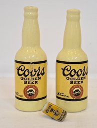 Vintage Coors Salt And Pepper Shakers (Rare Coors Yellow) And Cool Tie Tack