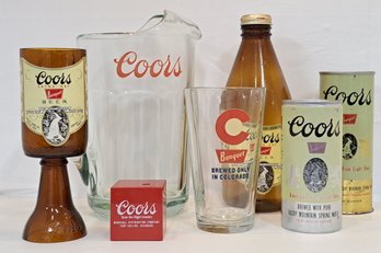 Vintage Coors Banquet Pitcher, Cans And Glassware