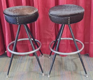 Pair Of Vintage 60's Style Swivel Barstools Reupholstered In Black Cowhide