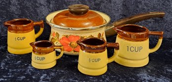 Vintage Stone Ware Measuring Cups And MCM Sanko Covered Saucepan