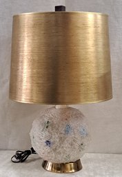 Fabulous MCM Spun Fiberglass Ball Table Lamp W/ Three Way Switch & Gold Metallic Color Shade