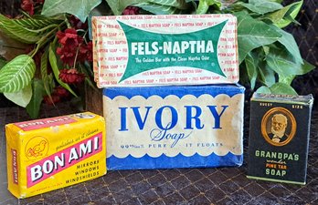 4 Vintage Soaps Intact And In Original Packaging Ivory, Bon Ami, Fels Naptha & Grandpa's Pine Tar Soap