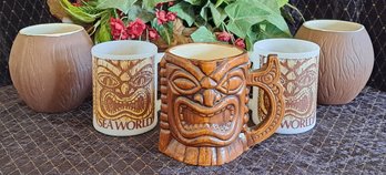 Vintage Mugs: Treasure Craft Tiki Mug, Federal Glass Sea World Milk Glass Mugs And Trader Vic's Coconut Mugs
