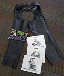 Frontier Leathers Black Leather Motorcycle Chaps Size M, Vintage Calendars, Sturgis Stickers