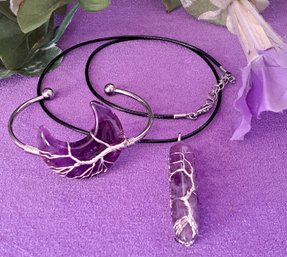 Wire Wrapped Real Amethyst Crystal Tree Of Life Necklace And Bracelet In Silver Tone Metal New
