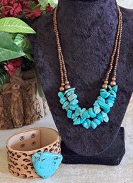 2 Strand Turquoise And Beaded Necklace And Animal Print Cowhide Bracelet With Large Turquoise Stone