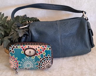 Gorgeous Deep Teal Fossil Leather Bag And Fossil Key-Per Wallet