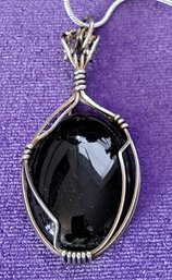 Silver Wire Wrapped Onyx Pendant With 20 Inch Sterling Silver Chain