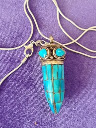 Vintage Tibetan Style Tuquoise Inlay Pendant On Sterling Snake Chain