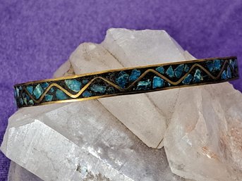 Turquoise Inlay On Brass Bangle Bracelet