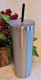 Starbucks Silver Stainless Steel Doible Wall Venti Size Tumbler With Straw