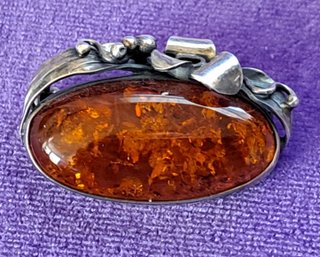 Unique Amber Brooch With Baltic Amber Set In Sterling - Art Nouveau Style