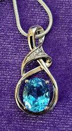 Beautiful Sterling Pendant With Large Blue Topaz Stone With 20' Sterling Snake Chain