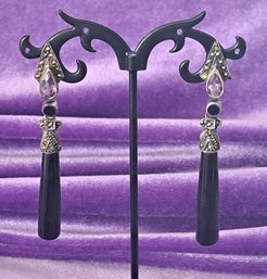Stunning Pair Of Vintage Sterling Dangle Earrings With Amethyst, Onyx, And Marcasite