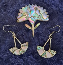 Taxco Sterling Silver Abalone Flower Brooch/ Pin And Co-ordinating Alpaca Silver Earrings