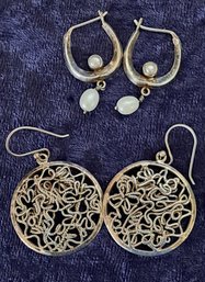 2 Pairs Of Sterling Silver Earrings: Hoops With Pearls & Large Circle Dangles