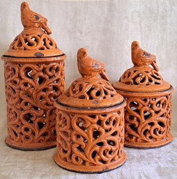 Trio Of Fabulous Large Ceramic Jars With Bird Topped Lids