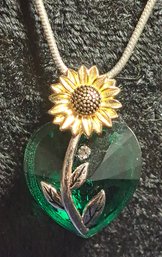 Sterling Heart And Sunflower Pendant On 20 Inch Sterling Snake Chain