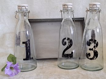 1 2 3 Ceramic Topped Milk Bottles And Galvanized Metal Tray