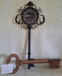 Key Shaped Decor: Black Distressed Metal Scrolled Clock And Wood Look Key Wall Hanging