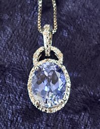 Stunning Sterling And Lab Created Ceylon Sapphire Pendant With Sterling Box Chain