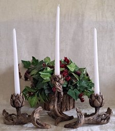 Trio Of Beautiful Resin Wood Look Flower And Leaf Candleholders
