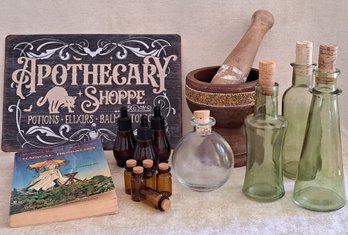 Start Your Own Witchy Apothecary Shoppe With Mortar & Pestal, Assorted Bottles, Tin Sign & More