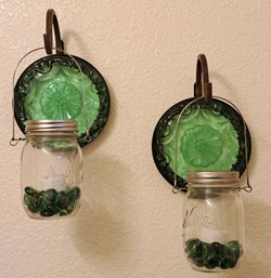 Pair Of Vintage 1990's Partylite Green Glass & Wrought Iron Hooks With Canning Jar Hanging Candles