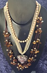 Trio Of Lovely Costume Neclaces Including Marvella Faux Pearls, Tiger Eye Chips And Art Glass Heart